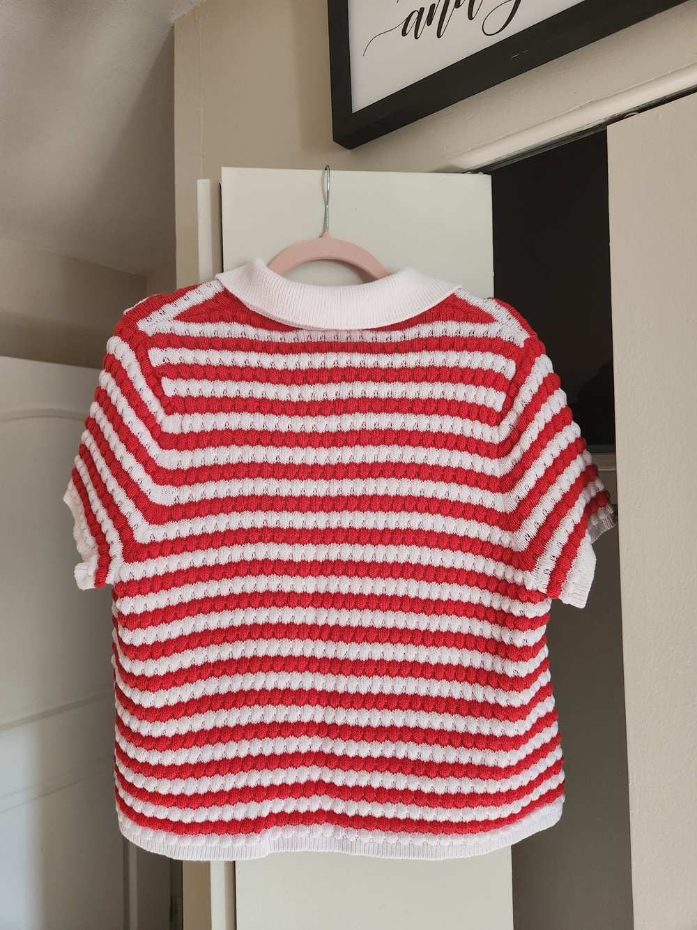 Old Navy Womens Red and White Striped Knit Polo Sweater Size XL Crochet - Picture 2 of 3